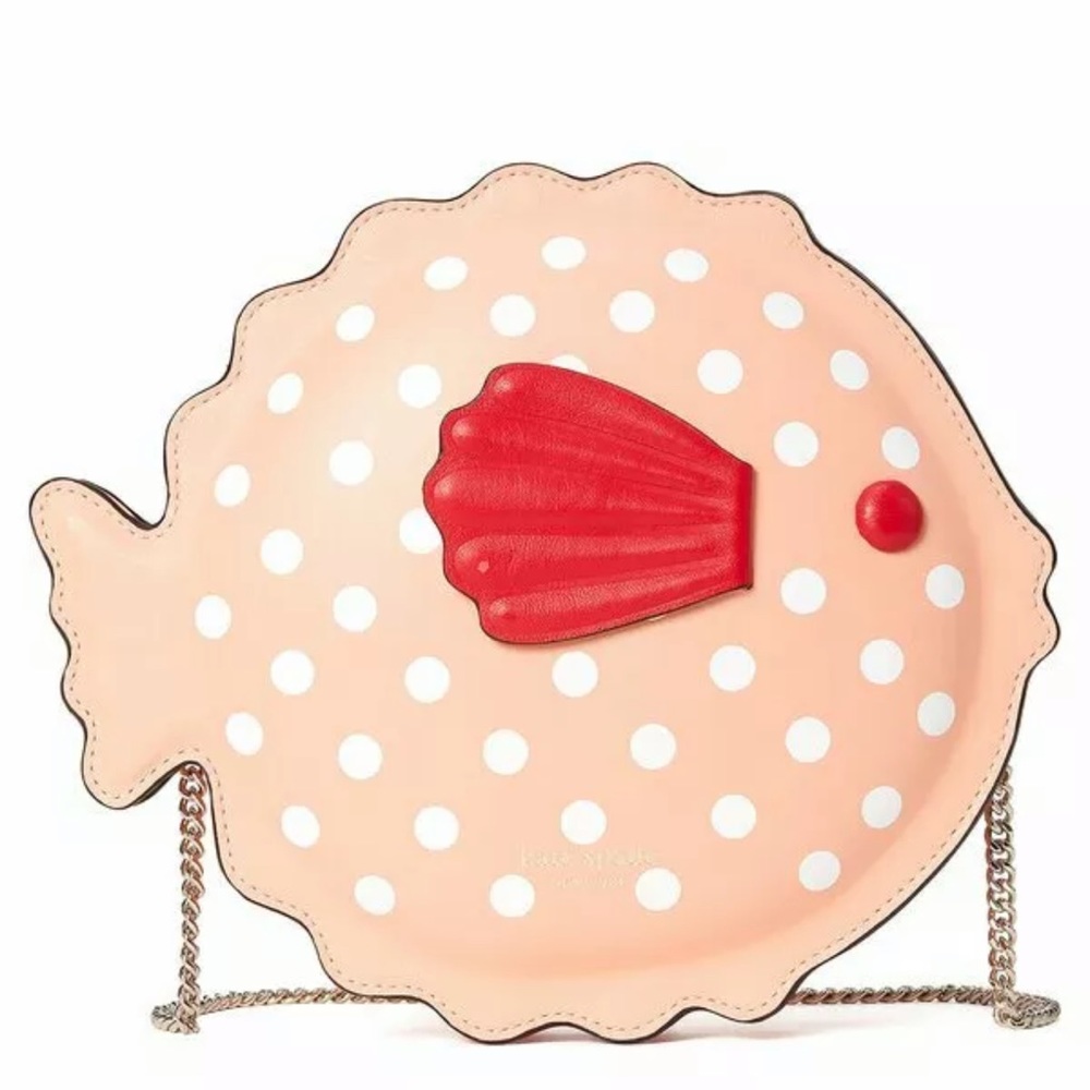 Kate Spade Novelty Bag Puffer Fish Leather Crossbody Guava Juice Pink White Dots - Picture 3 of 4